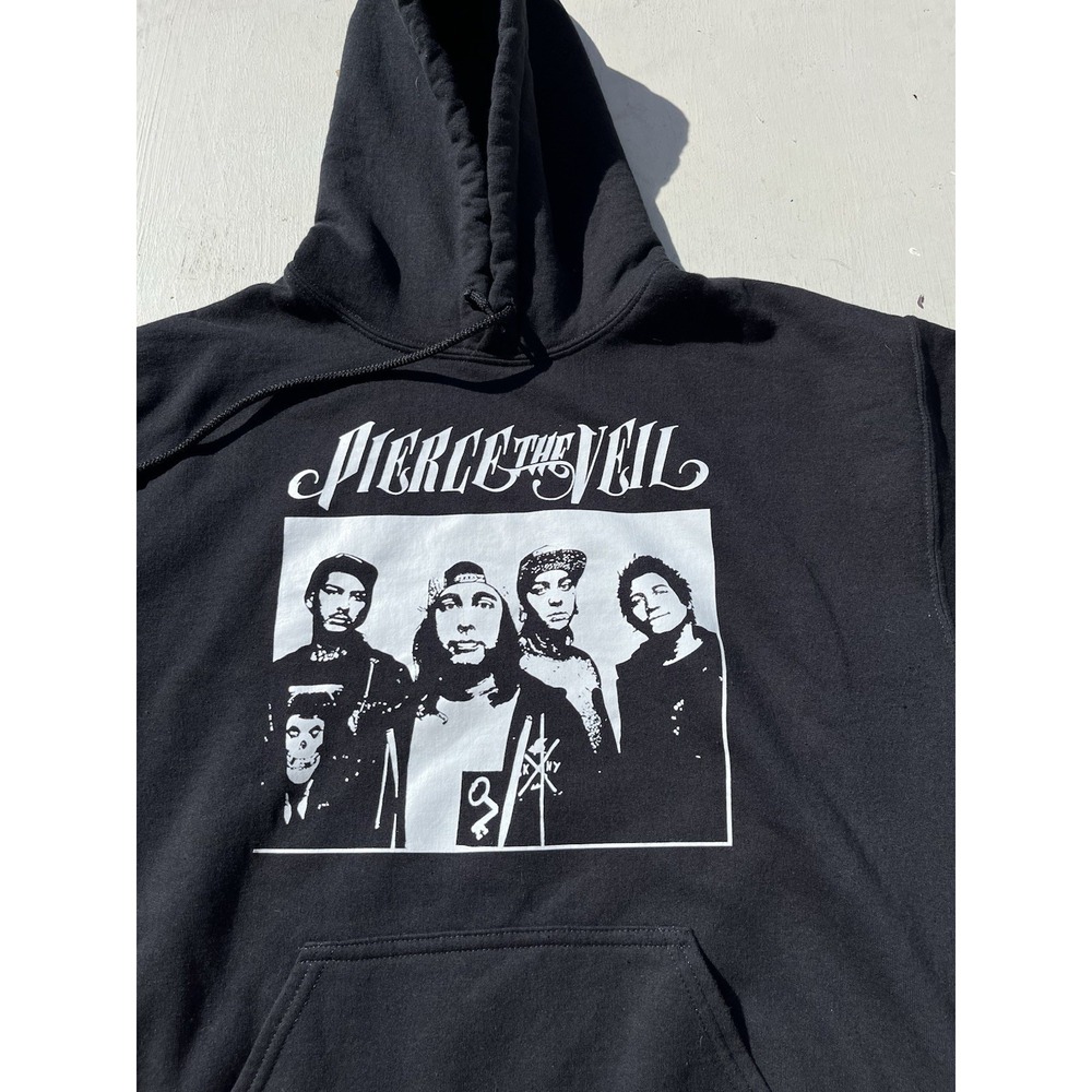 Men's Pierce The Veil Hoodie Black Spell-Out M Music Y2K Rock Emo Screamo Logo